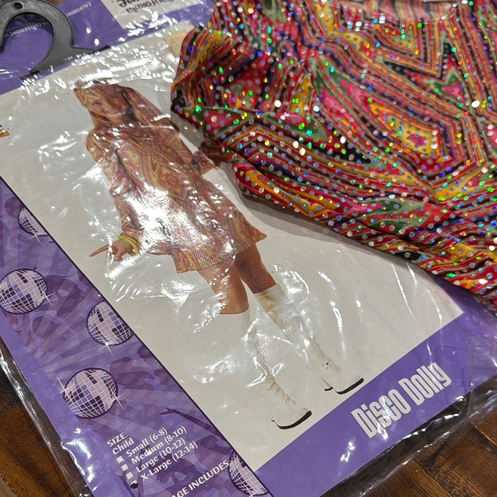 Disco Dolly Costume Size Child XL (12-14) Colorful Disco Dress with Sequins